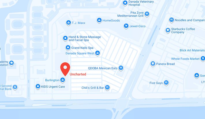 Map showing the Uncharted store location at Danada Square West, near Burlington, QDOBA, Chili’s, T.J. Maxx, and HomeGoods.
