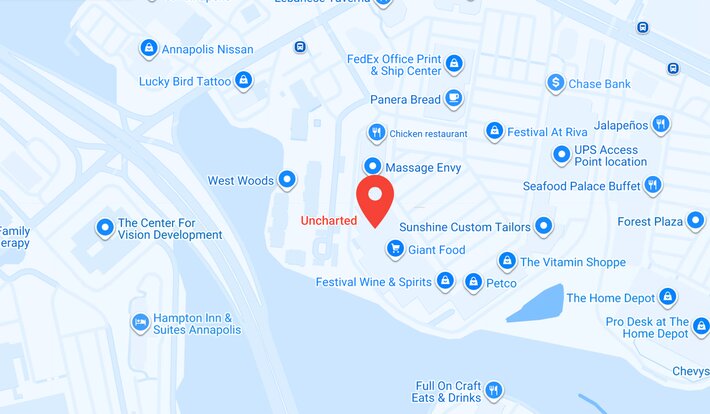 Map showing the Uncharted store location at Festival at Riva, near Giant Food, Petco, The Vitamin Shoppe, and Massage Envy.
