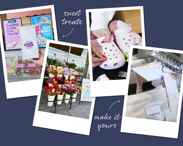 Image of polaroids featuring a Swedish candy cart, Bloom Bar, Croc's customization station, tote bag embroidery