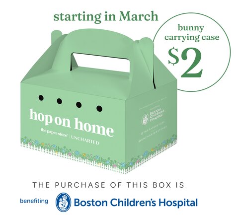 Image of a light green carrying box that reads "hop on home." A dotwhack reads "bunny carrying case $2". Below the box reads "the purchase of this box is benefiting Boston Children's Hospital"
