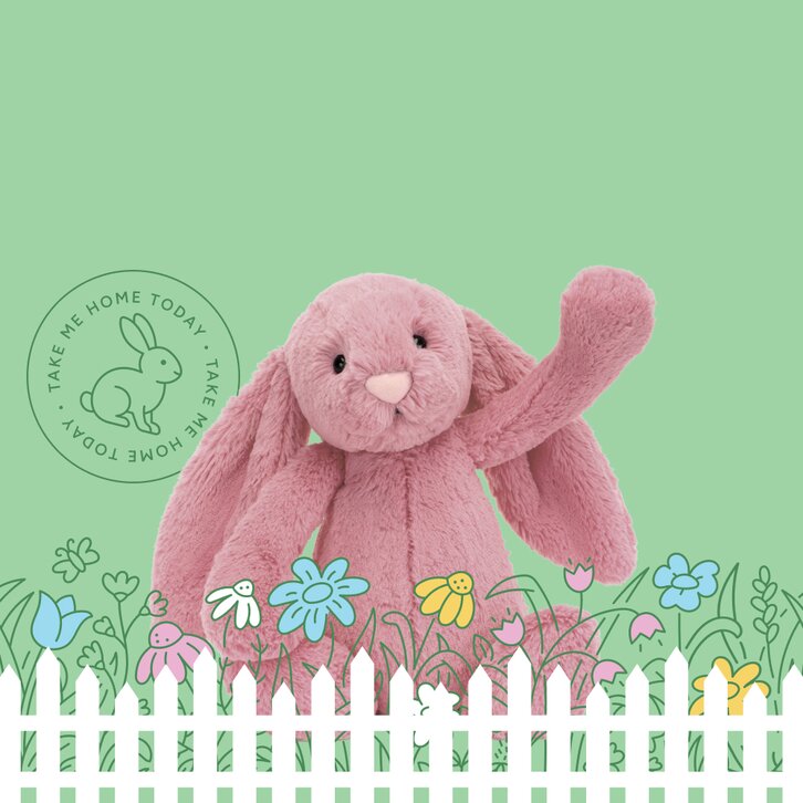 Image of a pink Jellycat bunny on a green background, surrounded by illustrated flowers and a white picket fence