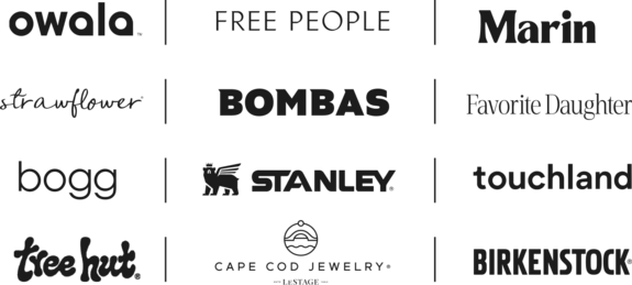 Owala, Free People, Birkenstock, Cape Cod Jewelry by LeStage, Strawflower, Bombas, Favorite Daughter, Tree Hut, Bogg, Stanley, Touchland, Marin
