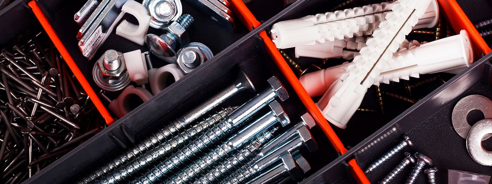 A variety of fasteners and hardware are separated in an organizer.