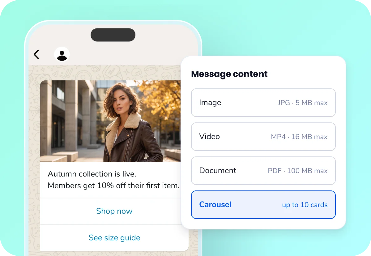 WhatsApp product message with Shop now and See size guide buttons, beside supported content types