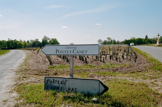 Glass of white wine beside a bottle of Château d'Yquem 2023 against a dark background