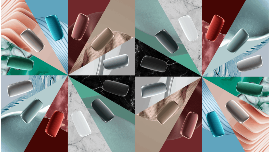 12 barevných panelů rozložených v kruhu s odpovídajícím barevným podkladem.