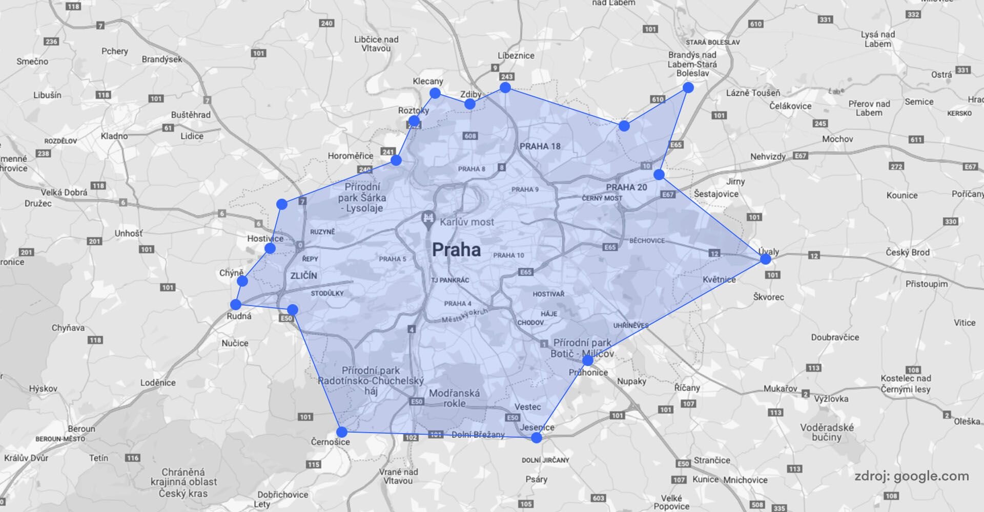 Ilustrační mapa regiónu doručovací služby SuperPloomer - Praha a okolí