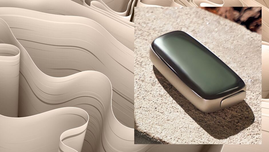 Stříbrné zařízení s předním panelem Deep Water Green na organickém abstraktním pozadí