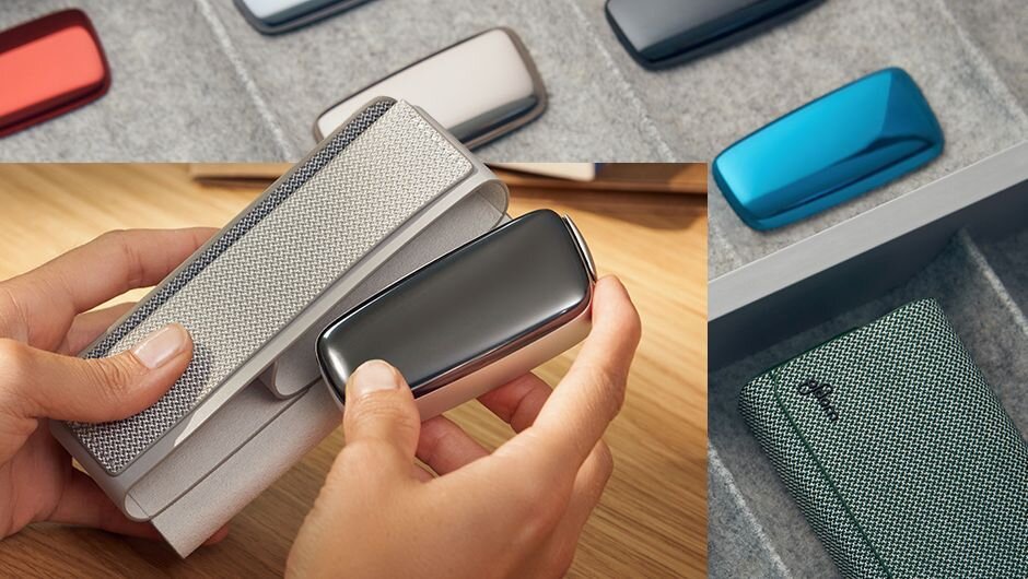 Příslušenstí k zařízení Ploom X  látkové pouzdra, přední panely v různých barvách.