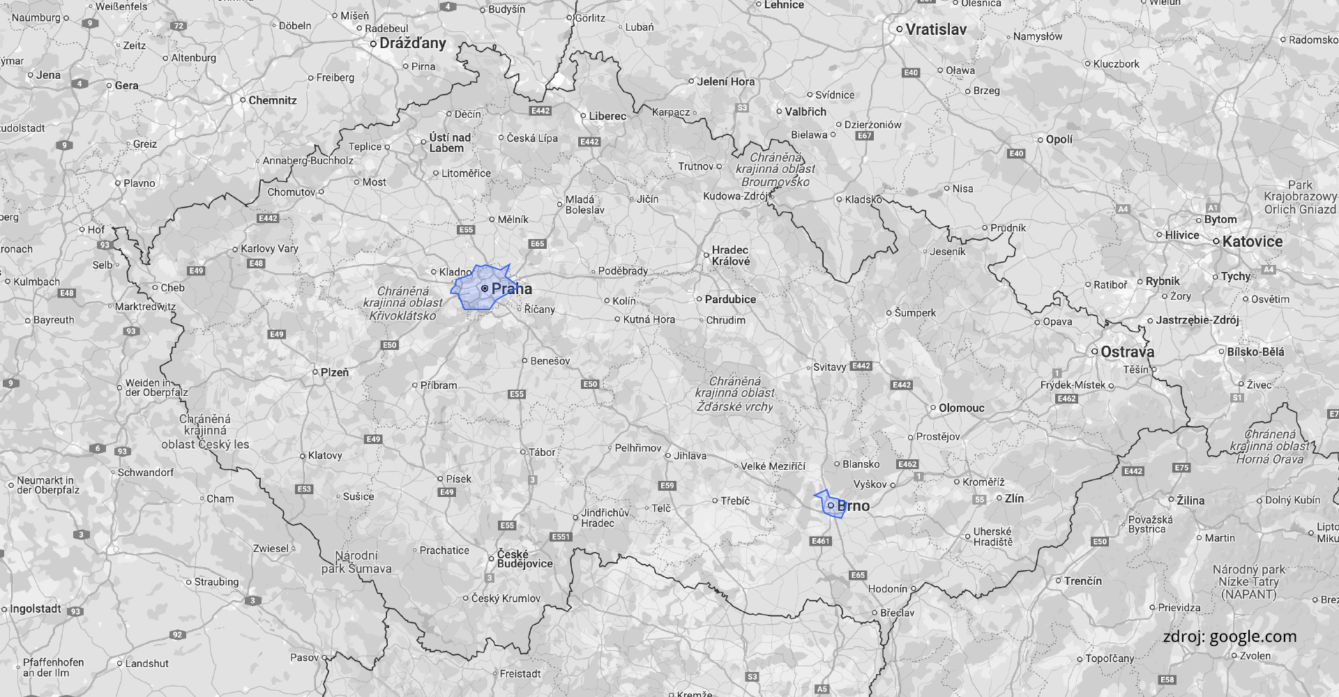 Ilustrační mapa regiónu doručovací služby SuperPloomer - celá Česká Republika