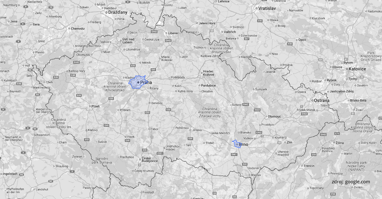 Ilustrační mapa regiónu doručovací služby SuperPloomer - celá Česká Republika