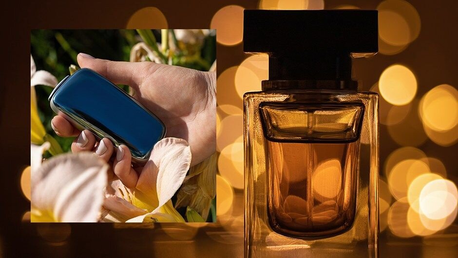 Parfém s oranžovo-žlutým nádechem a Ploom X s modrým panelem