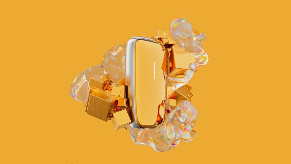 Mango Sorbet přední panel na stříbrném zařízení Ploom X s pozadím ve stejné tropické barvě.