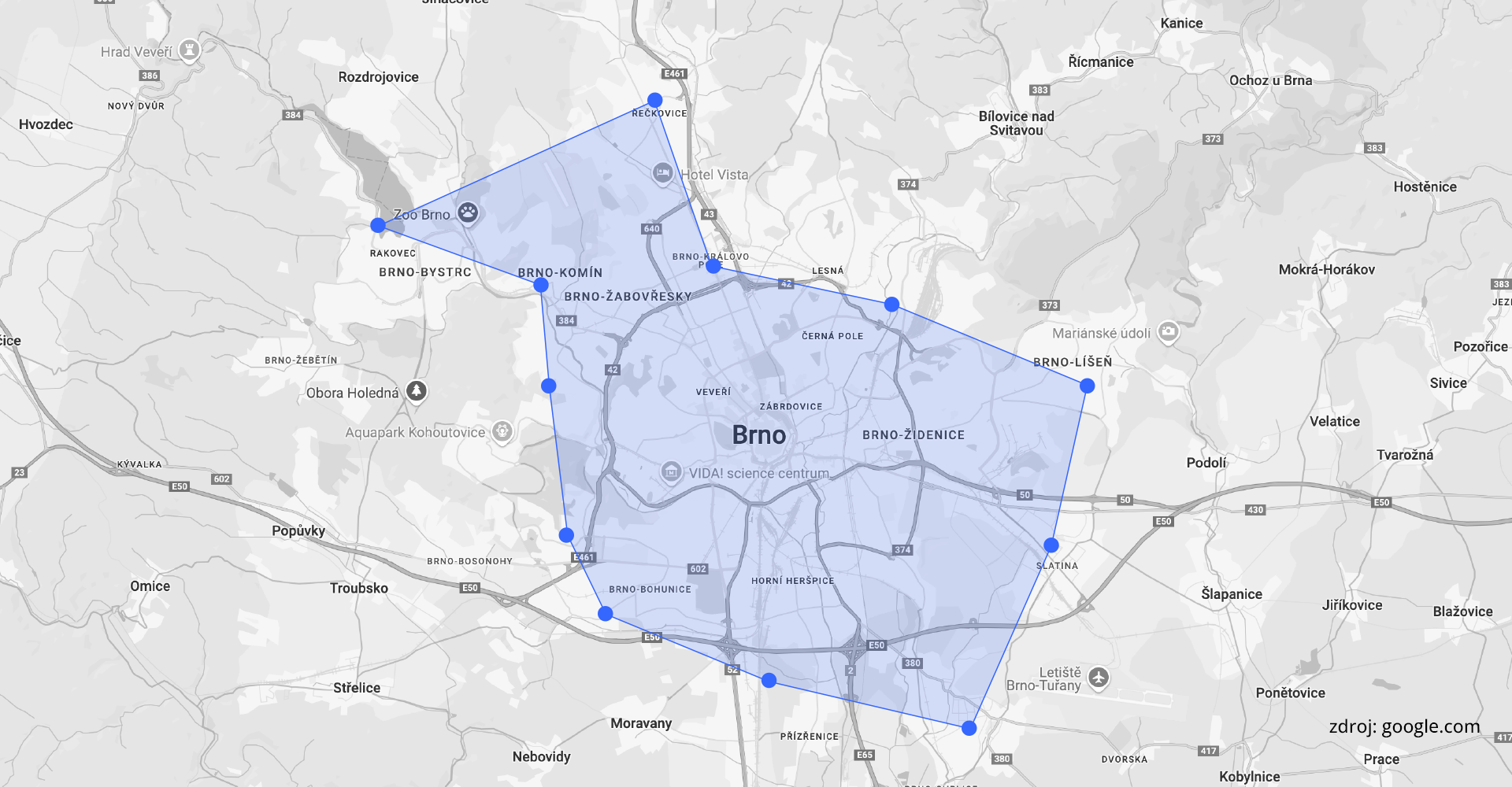 Ilustrační mapa regiónu doručovací služby SuperPloomer - Brno
