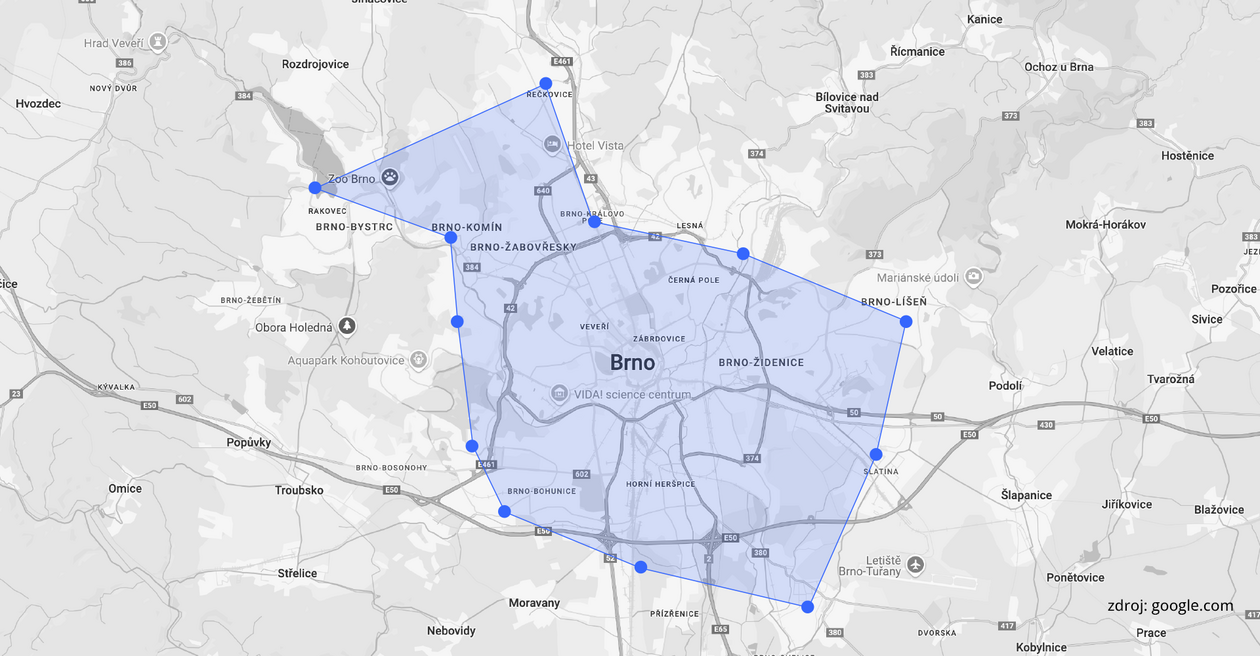 Ilustrační mapa regiónu doručovací služby SuperPloomer - Brno