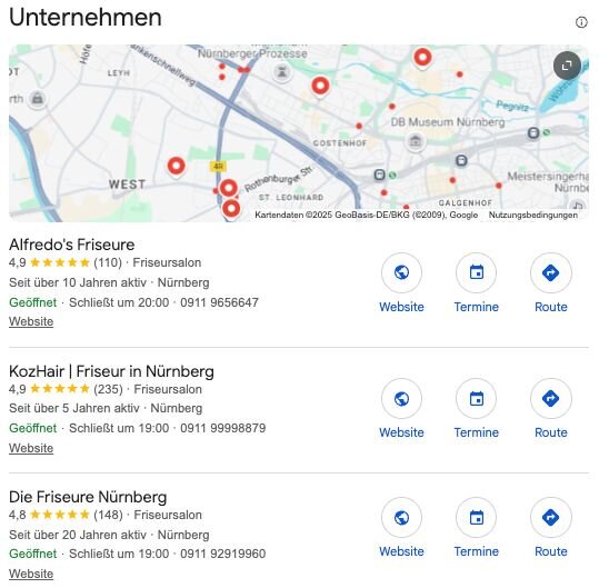 Screenshot einer Suchanfrage mit Local-Pack-Anzeige