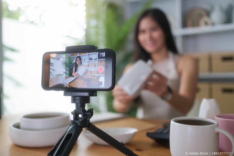 Eine Frau nimmt mit ihrem Smartphone ein Video auf und präsentiert ein Produkt vor der Kamera in einer hellen und modernen Umgebung