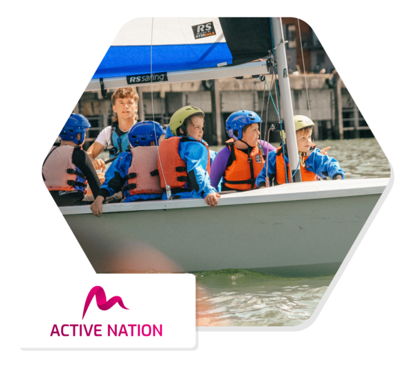 Illustration of kids sailing club with various kids and an instructor on a boat wearing life jackets and helmets