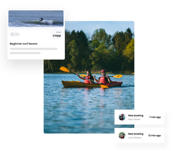 Image of 2 people kayaking and illustrations of eola's booking system for watersports centres