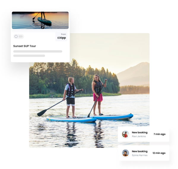 Image of 2 people on a stand up paddleboard and illustrations of eola's booking system for water centres