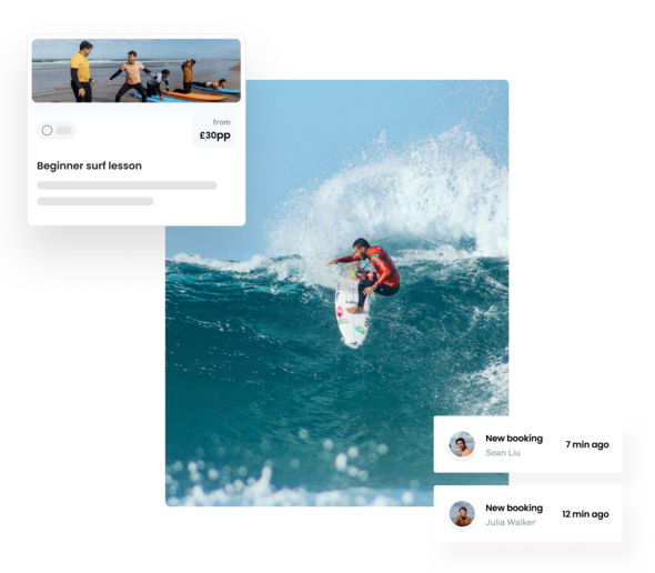 Image of a man surfing and illustrations of eola's booking system for surf centres