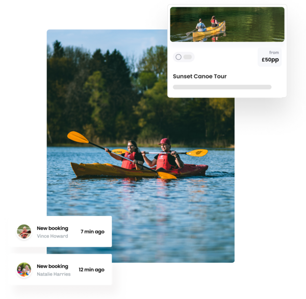 Image of 2 people kayaking and illustrations of eola's booking system for water centres
