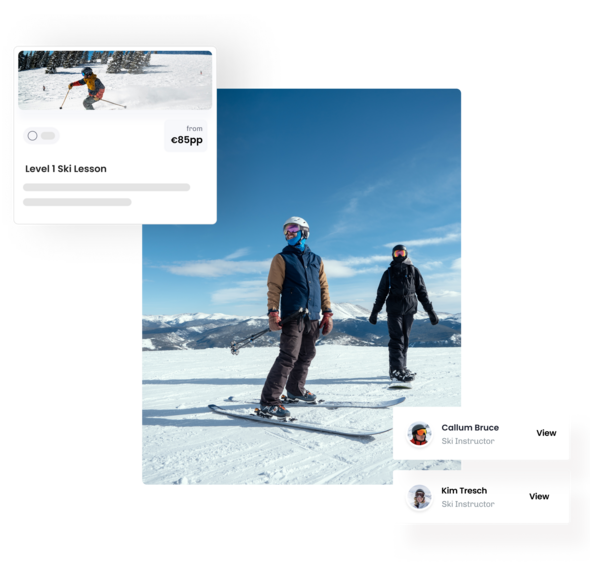 Image of 2 people skiing and illustrations of eola's booking system for ski schools