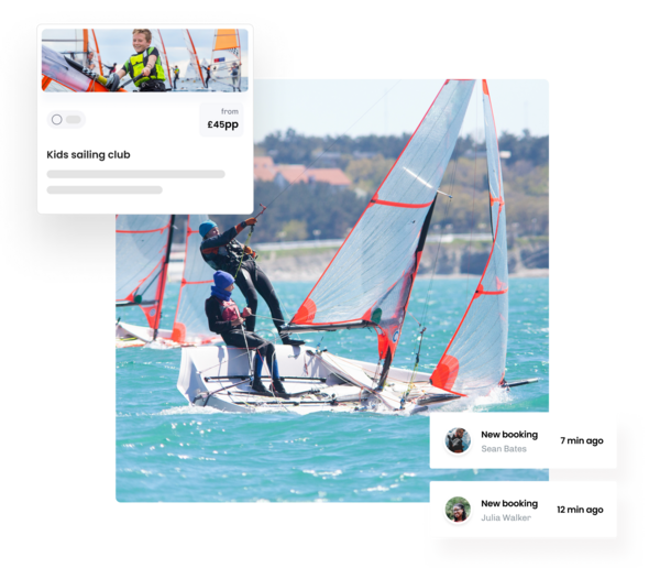 Image of 2 people sailing and illustrations of eola's booking system for sailing schools