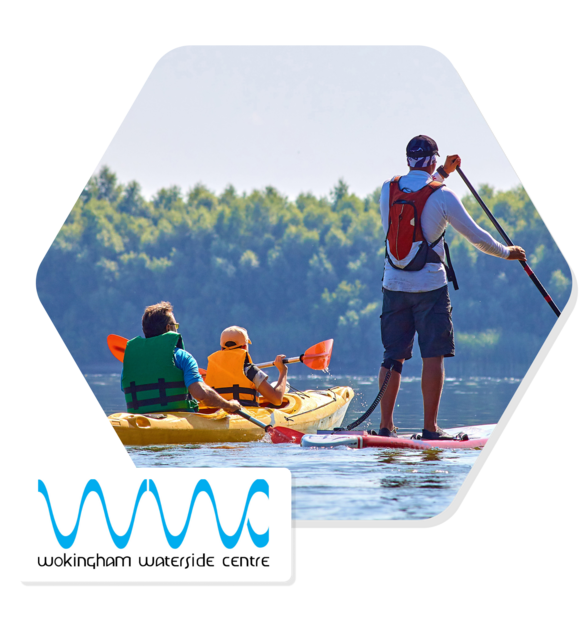 Illustration of two people kayaking alongside on person on a standup paddleboard