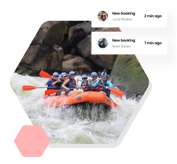 Image of white water rafting and illustrations of eola's booking system for rafting experiences