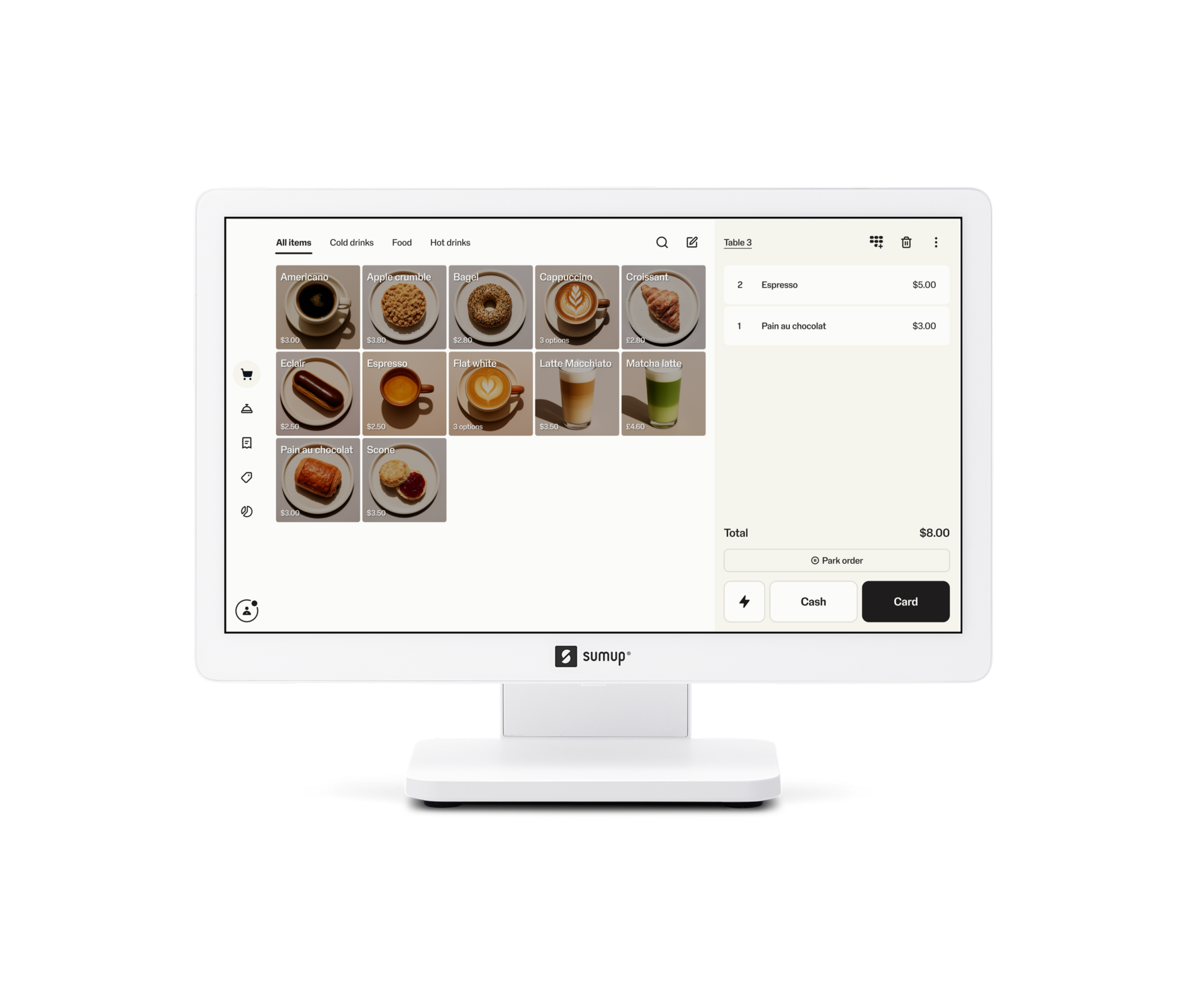 A SumUp touchscreen tablet showing a customer order and menu for a restaurant using SumUp POS software system.