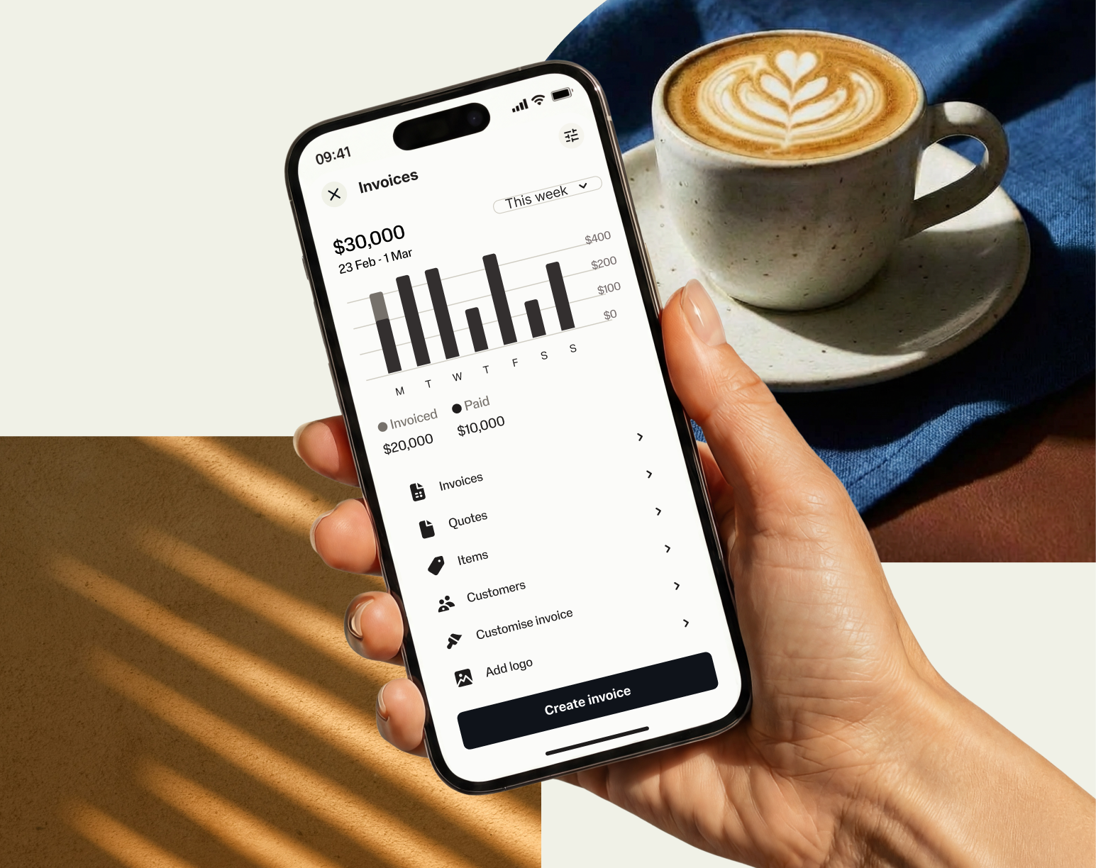The SumUp Invoicing software displays on a mobile phone screen showing a bar chart representing payments received in the last week.