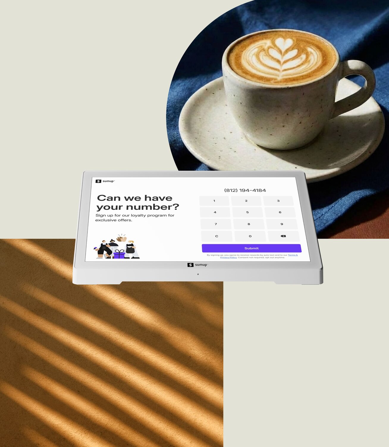 The SumUp Connect Plus software displaying a customer loyalty screen that prompts a customer to input their phone number for exclusive offers.