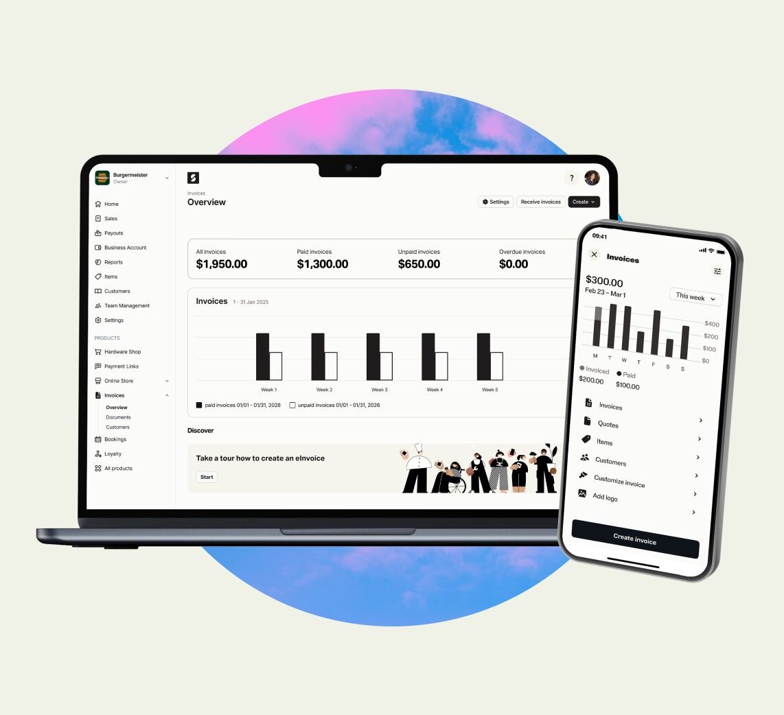 SumUp invoicing software is displayed on a laptop and mobile phone. The screens display an invoicing overview dashboard as well as charts indicating payments over time.