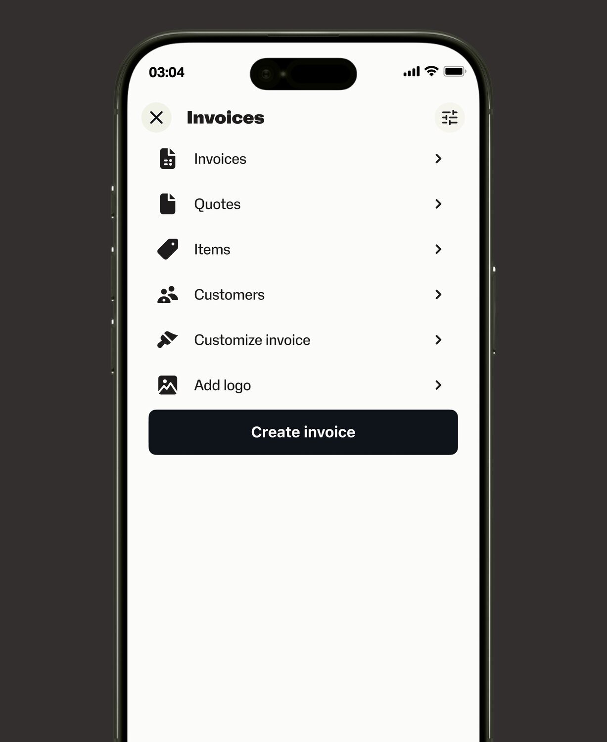 a smartphone displays the SumUp invoicing toolbar where the user can navigate to invoices, quotes, items, customers. A "create invoice" button is also visible for quick and easy invoice creation.
