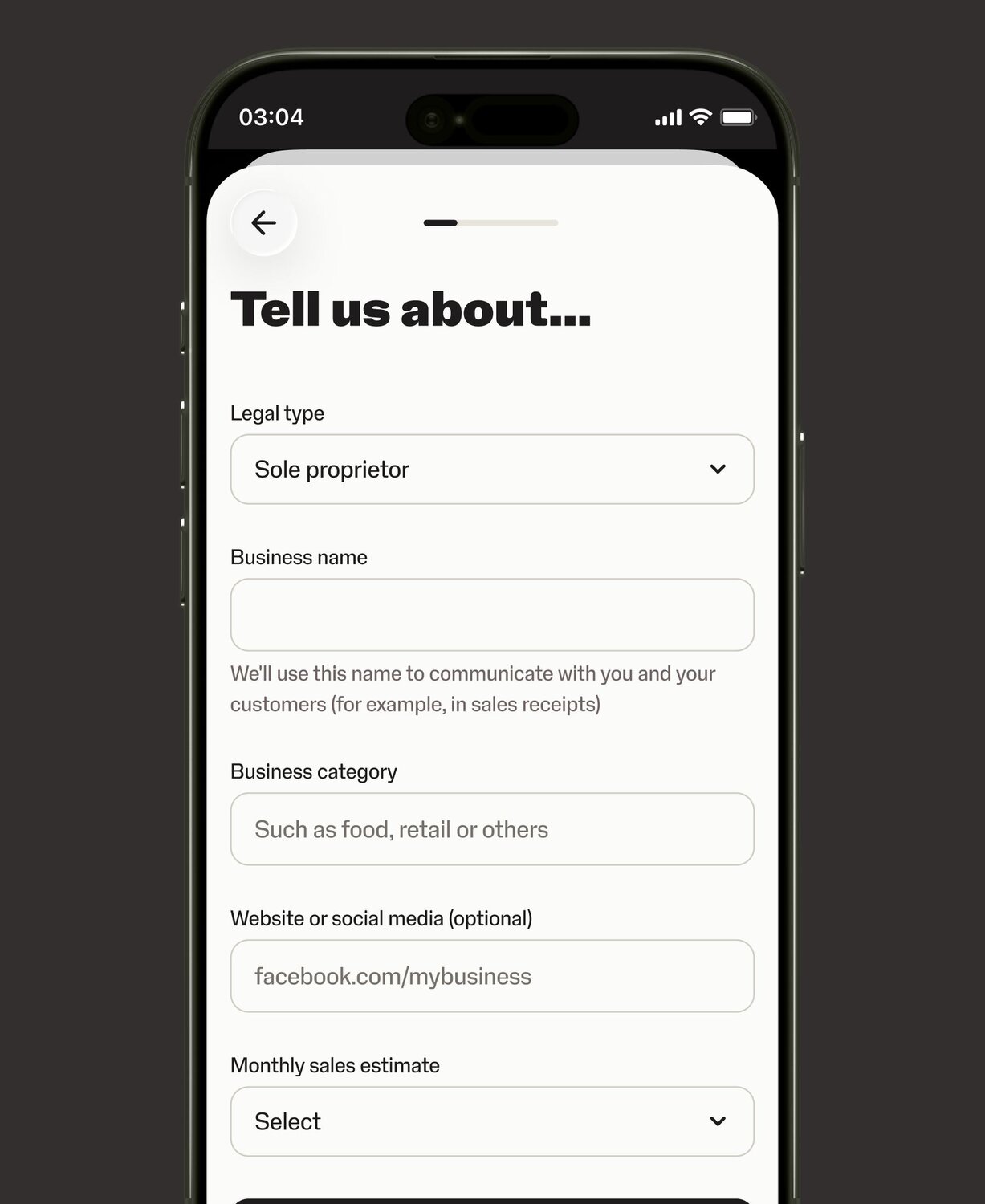 a smartphone displays a "tell us about" screen that prompts a user to input business details in order to start invoicing.