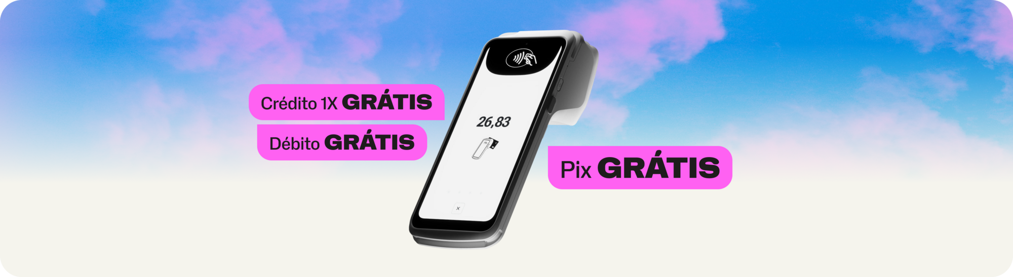 Celular com a marca SumUp em destaque sobre um céu azul e rosa, ilustrando as taxas de pagamento