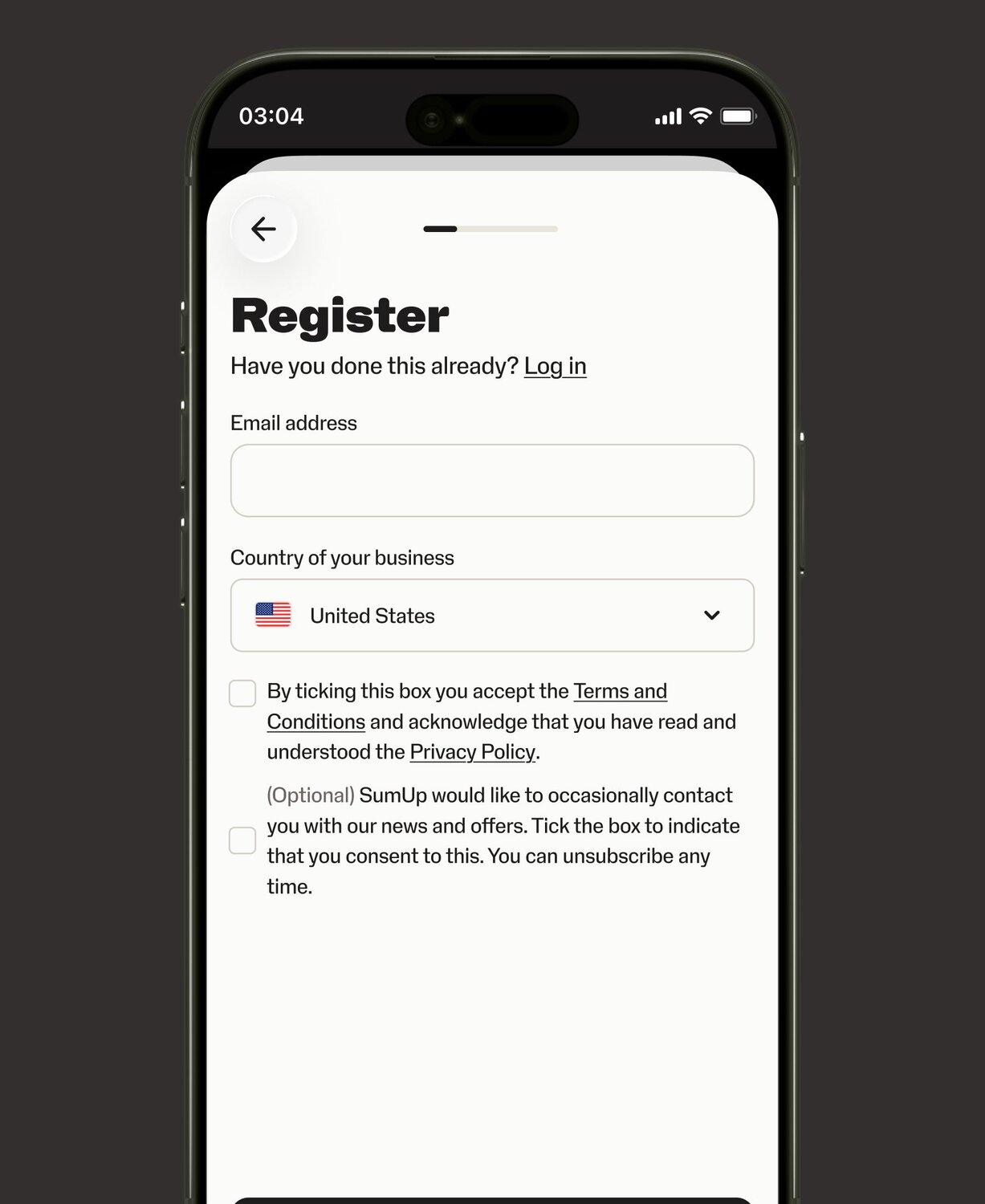 a smartphone displays a registration screen to sign up for the SumUp invoicing tool.