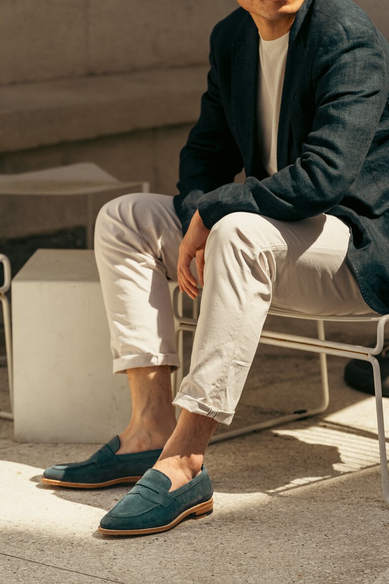 Unlined Penny Loafer in French Blue Suede