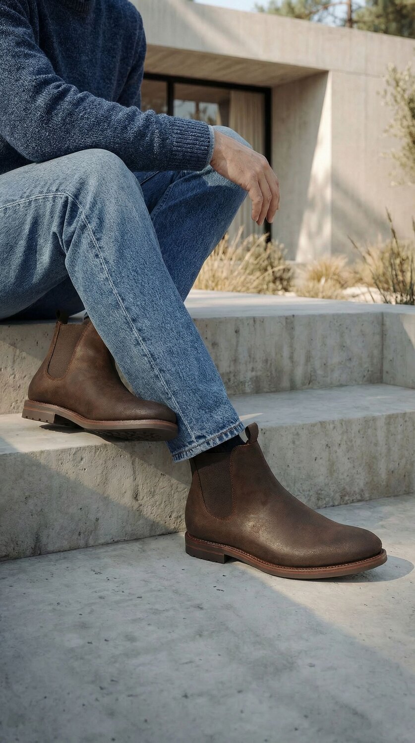 Mean wearing blue wool sweater, mid blue denim and rust waxy commander chelsea boots sitting on a concrete table.