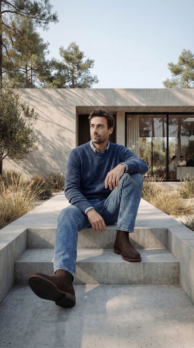 A man seated in a concrete step wearing a pair of jeans with rust waxy commander chelseas.