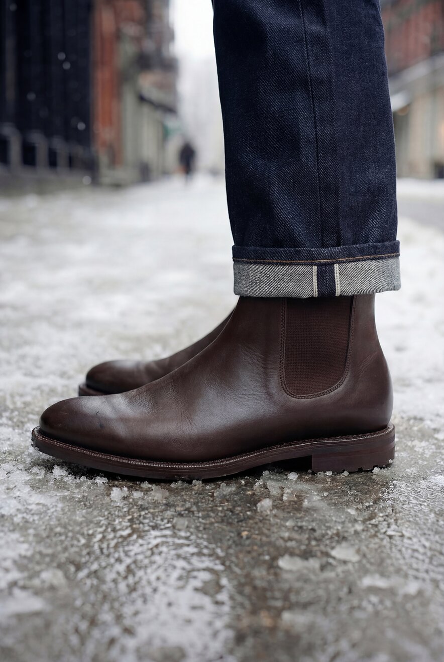 A pair of waxed chelsea boots
