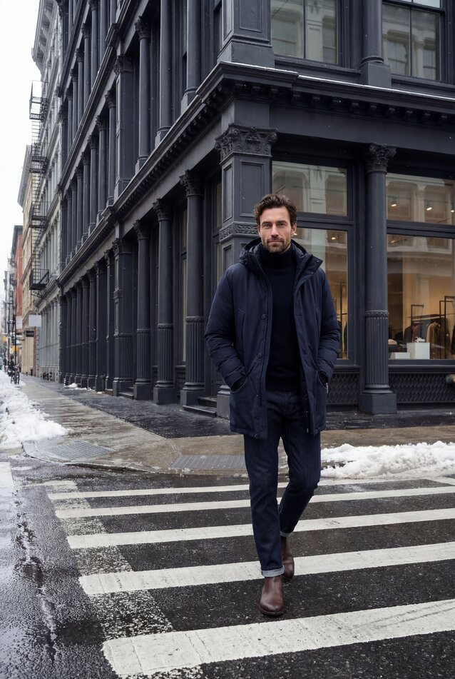 A snow-covered sidewalk seen from an upper-floor window.