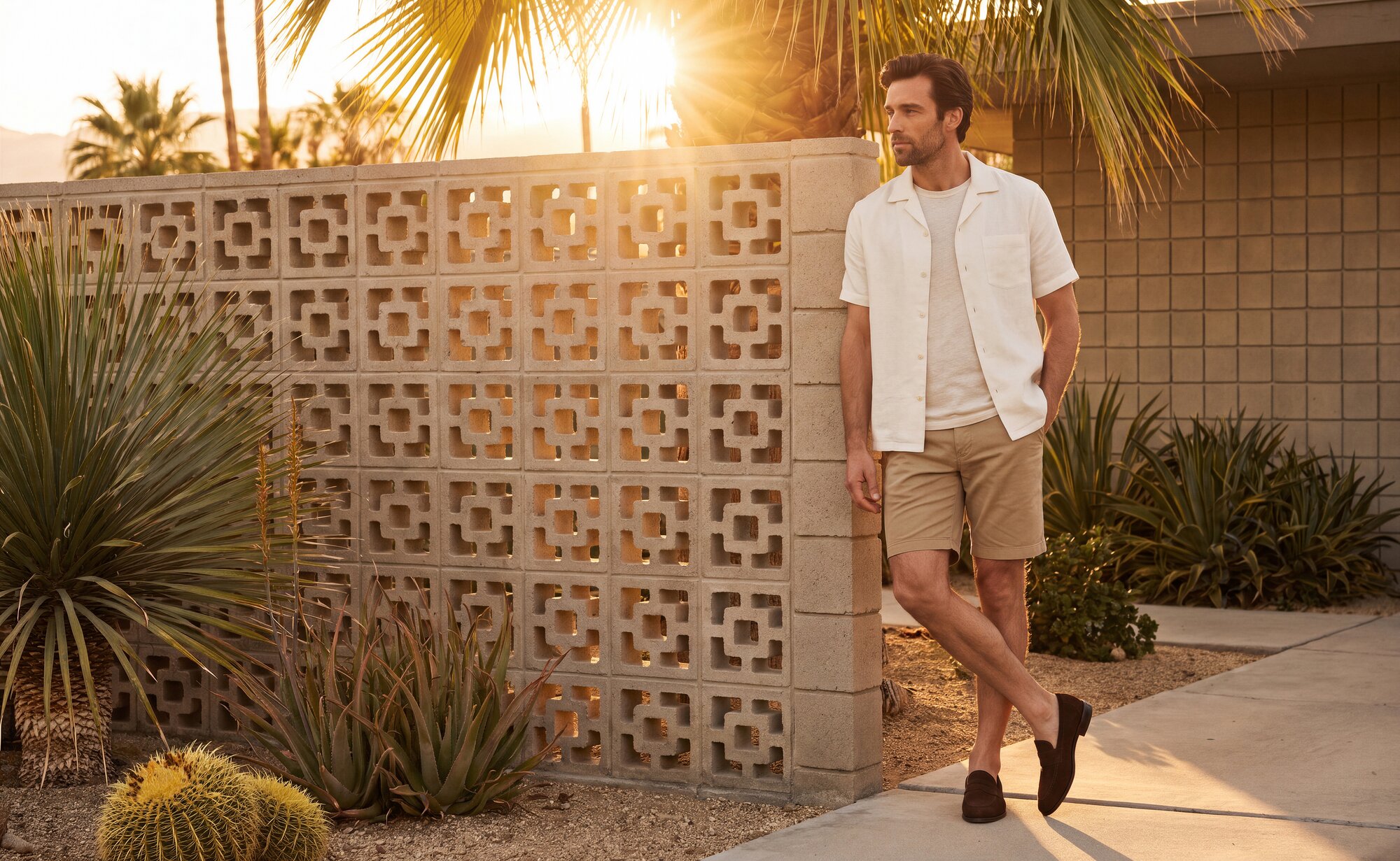 Model wearing a camp linen shirt, shorts and a brown suede penny loafer.