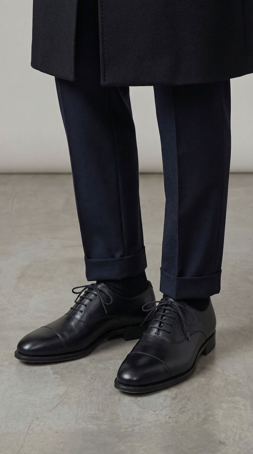 Person standing wearing blue wool suit trousers & black calf leather cap toes.