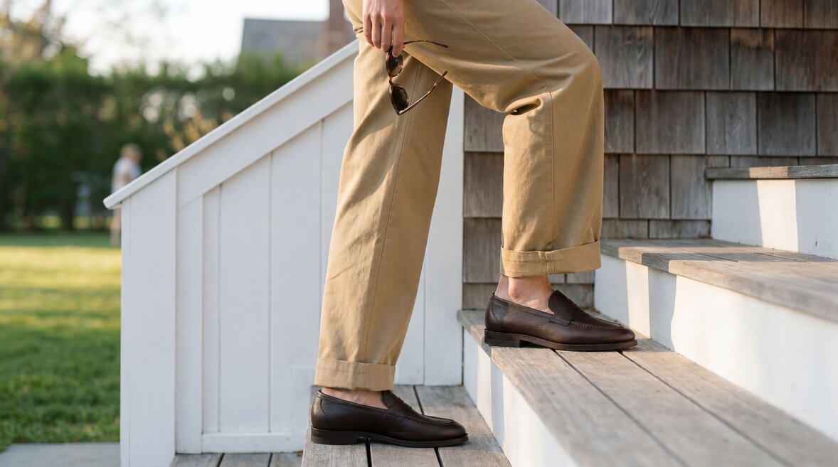 Woman wearing tan linen trousers with brown unlined brown softcalf loafers