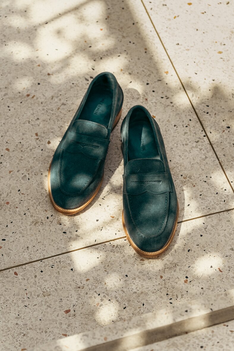 Unlined Penny Loafer in French Blue Suede