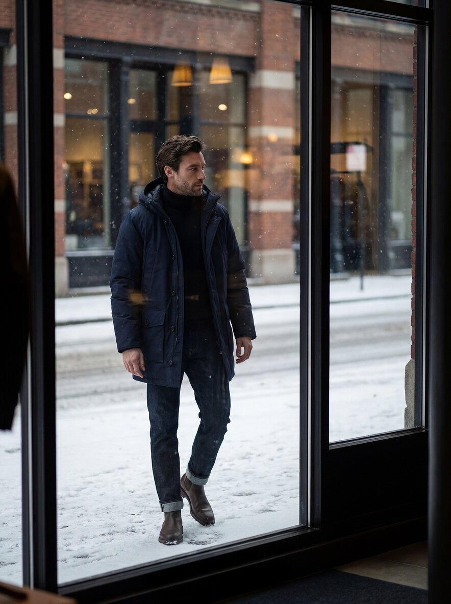 A man walking in a snow-covered sidewalk wearing a navy parka and waxed chelsea boots