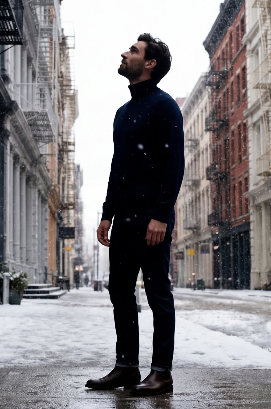 A man standing in a snow-covered sidewalk wearing a navy sweater and waxed chelsea boots, looking up.