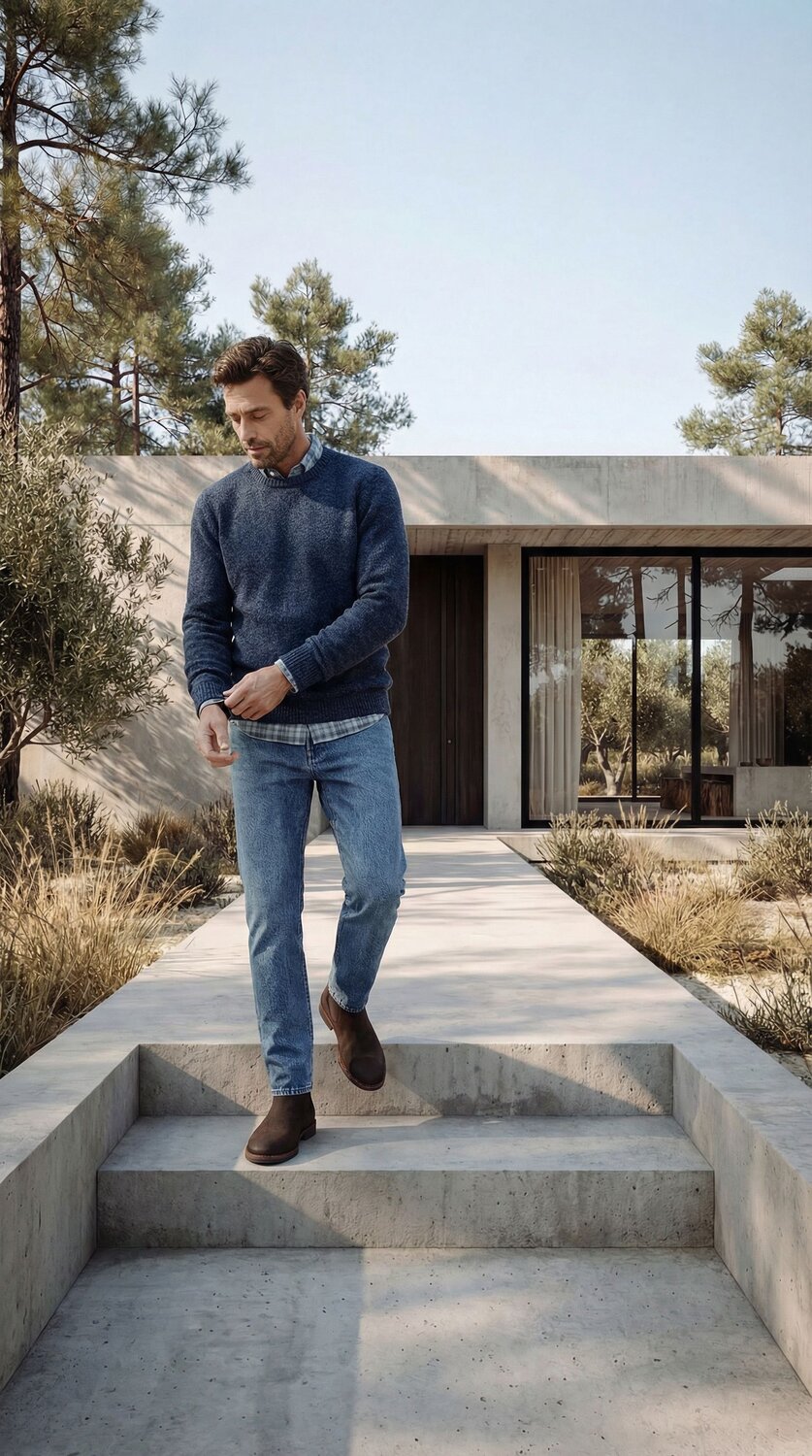 Mean wearing blue wool sweater, mid blue denim and rust waxy commander chelsea boots walking on a concrete walkway.